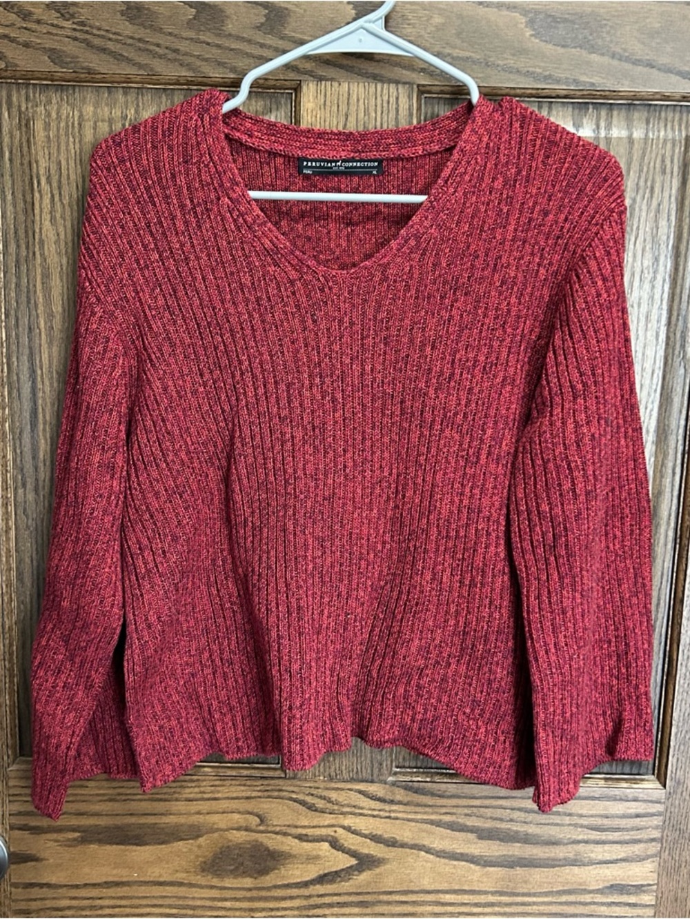 Peruvian Connection Marled Red V-Neck Ribbed Sweater 100% pima cotton